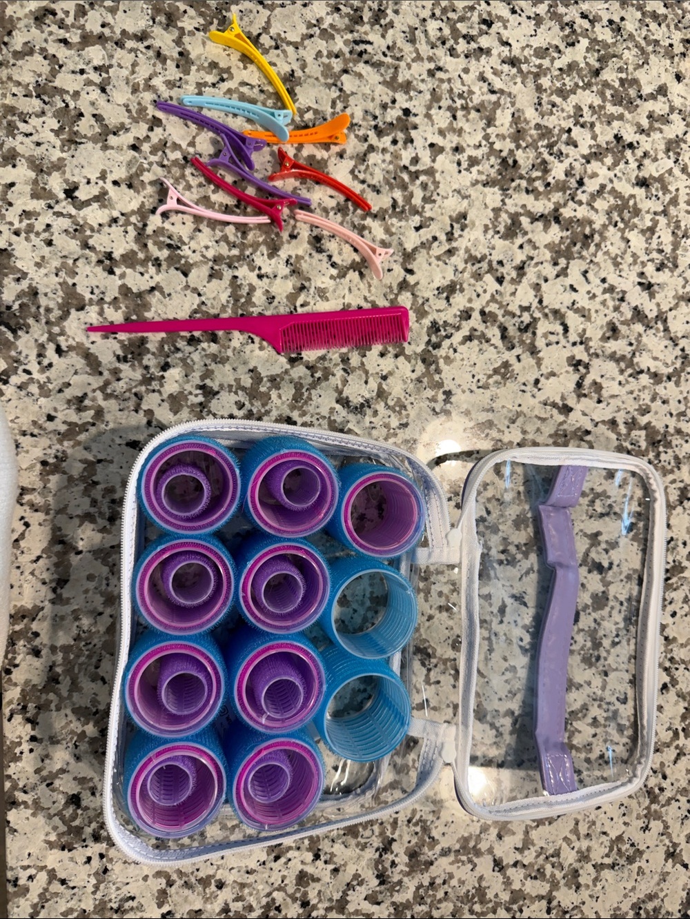 Purple and Blue Hair Velcro Rollers Set with Clips and Comb